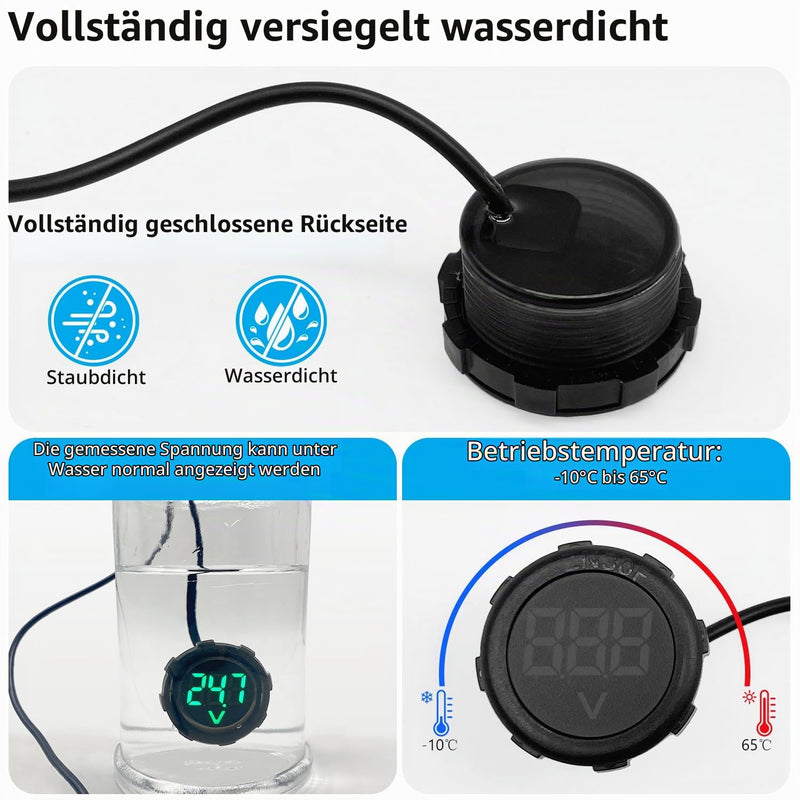 DC4V-100V Waterproof Voltage Meter with Digital LED Display | 2 pieces; waterproof and dustproof; green LED display; mini LED circular waterproof voltage meter; for boats, vehicles 2Pcs