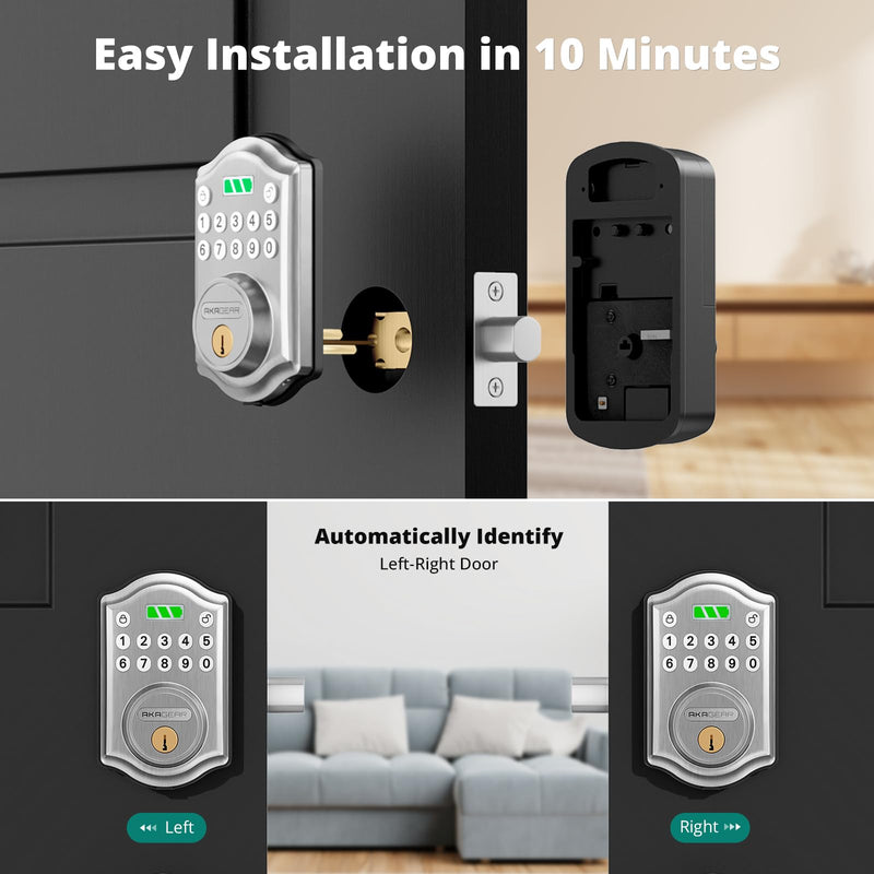 AkaGear Keyless Entry Door Lock with Keypad - Smart Deadbolt for Front Door with 2 Keys - Auto Lock - Easy Installation - DS10 Mini (Satin Nickel) Satin Nickel