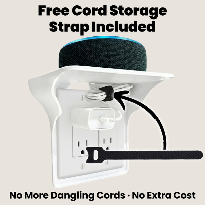 Power Perch Double Outlet Shelf Organizer for Alexa Echo Dot, HomePod Mini, Phone - Wall Outlet Holder with Cord Storage Strap - Socket Shelf Bathroom Kitchen Counter Charging Station - White 2 Pack Double Outlet 2 Pack