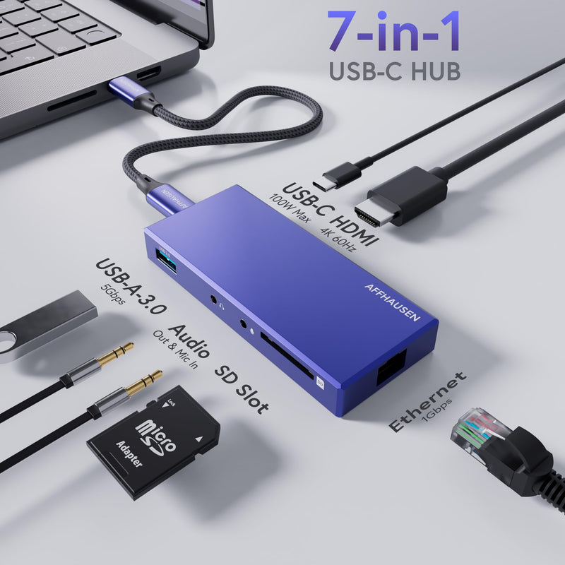7-in-1 USB-C Hub, SD Reader, Audio Out/Mic, Gigabit Ethernet, 4K@60Hz HDMI, USB-A 5Gbps, USB-C Charging for iPhone 15, iPad, MacBook, XPS, Lenovo DY22HUC711S
