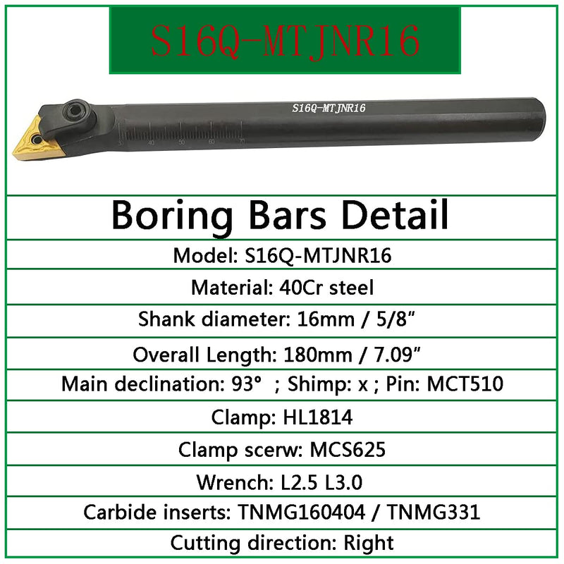5/8 Inch Lathe Excircle Indexable Carbide Turning Tool Holder MTJNR1616H16 + Metal Lathe Internal Boring Bar S16Q-MTJNR16 + Indexable Carbide Turning Inserts TNMG331(TNMG160404).