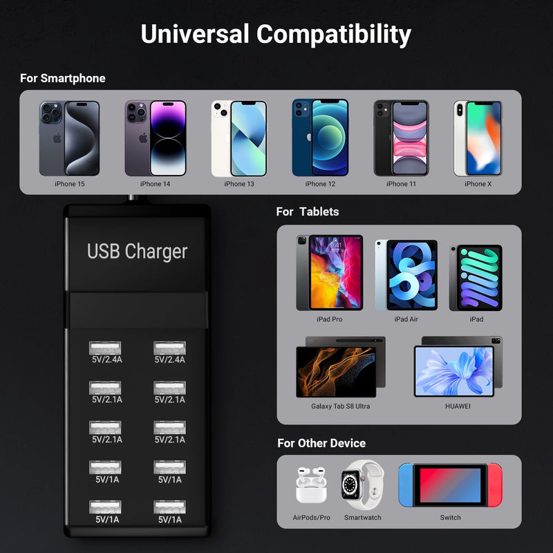 USB Charging Station 50w10A 10-Port USB Charger, Multiport USB Charger Station Hub, Compatible with iPhone, Galaxy, iPad Tablet, and Other USB Charging Devices Black