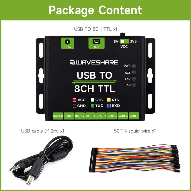 Waveshare Industrial USB to 8 Channel TTL Converter, USB to UART, Multiple Protection Circuits, Support Multiple Systems, USB to TTL Adapter