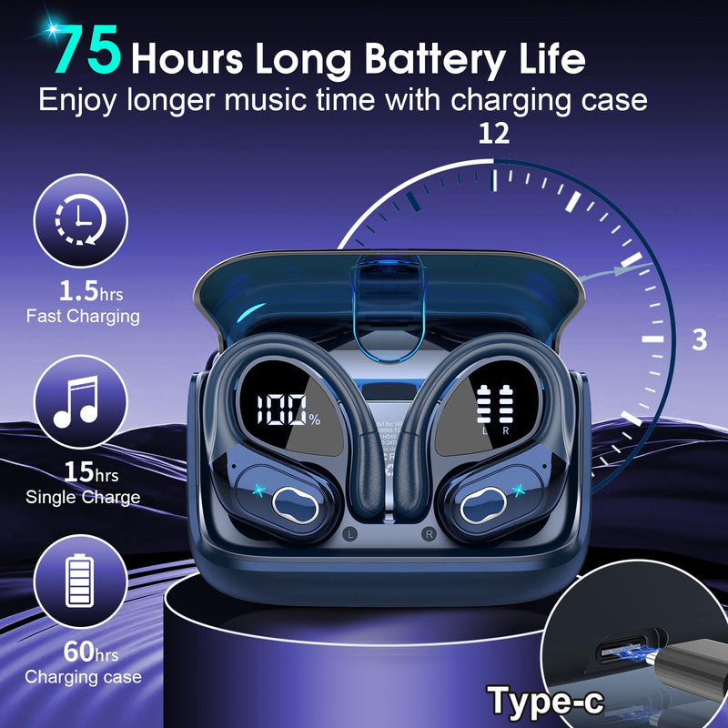 Wireless Earbuds 75hrs Bluetooth 5.3 Headphone Sport, 2025 Bluetooth Earbuds Stereo Deep Bass Over Ear Bud with Earhooks, ENC Noise Cancelling Mic, IPX7 Waterproof Earphone, Royal Blue
