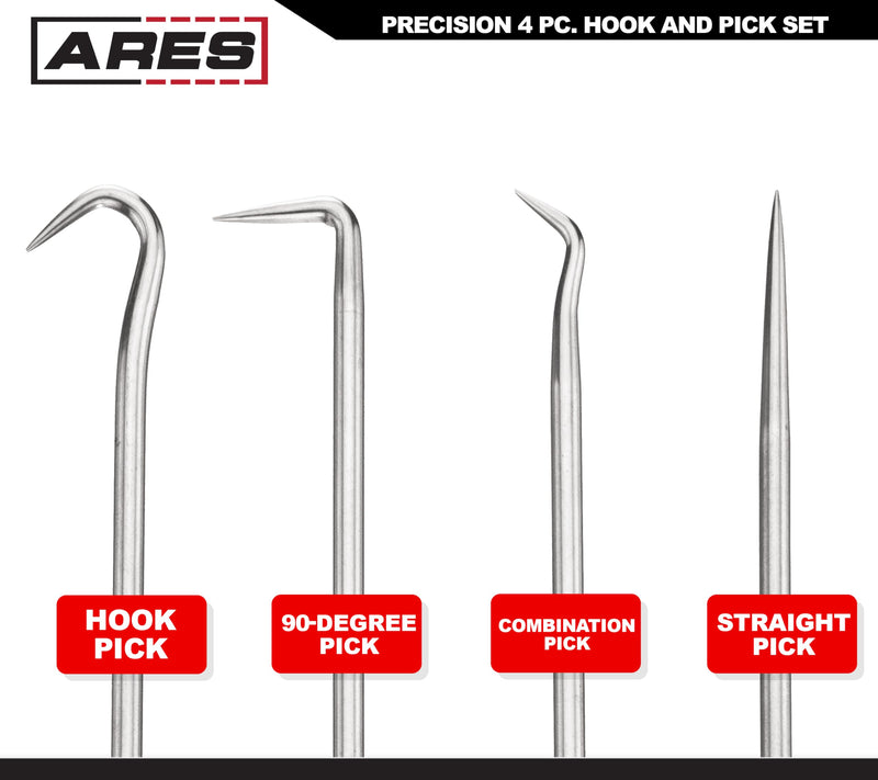 ARES 70256 - Precision Hook and Pick Set - 4-Piece Set Includes Precision 90 Degree, Hook, Combination and Straight Hooks and Picks - Chrome Vanadium Steel Shaft - Easily Remove Hoses and Gaskets