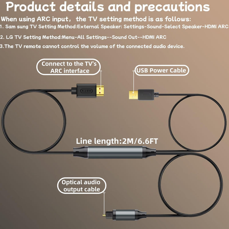 192KHz HDMI ARC to Optical Audio Converter 6FT,ARC to Optical Audio Extractor Cable,Plug & Play, AR C to O ptical Audio Adapte for HDTV to Soundbar,Amplifier-[No CEC]