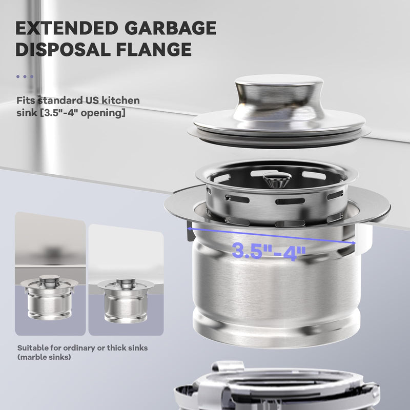 KONE Extended Garbage Disposal Flange with Strainer and Stopper, Deep 304 Stainless Steel Kitchen Extended Sink Flange for 3-1/2 Inch Standard Sink Drain, Convenient for Water Storage and Drainage Silver