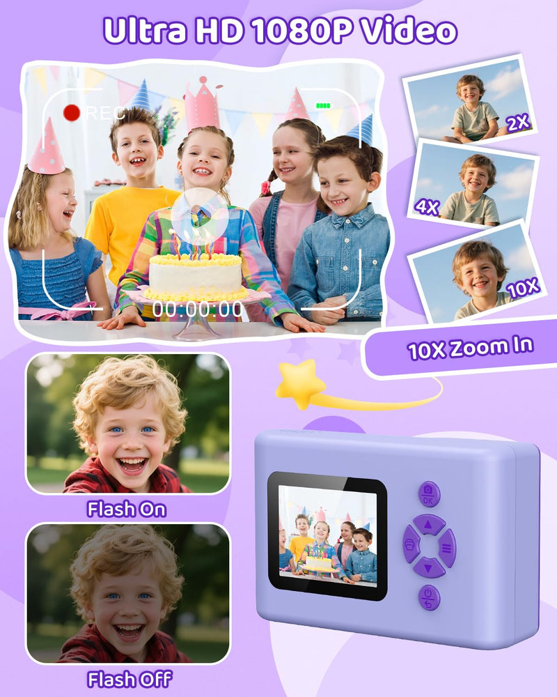 Kids Camera Instant Print, 20MP 1080P Video Instant Print Camera for Kids with 32GB SD Card, 240 Photos Printing, Face Recognition, ABS Durable, Christmas Birthday Gifts for Ages 3-12 Purple
