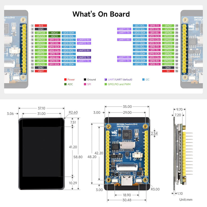 Waveshare RP2350 2inch Capacitive Touch Display Development Board,240×320 Pixels, IPS Panel, 262K Color, Onboard Camera Interface