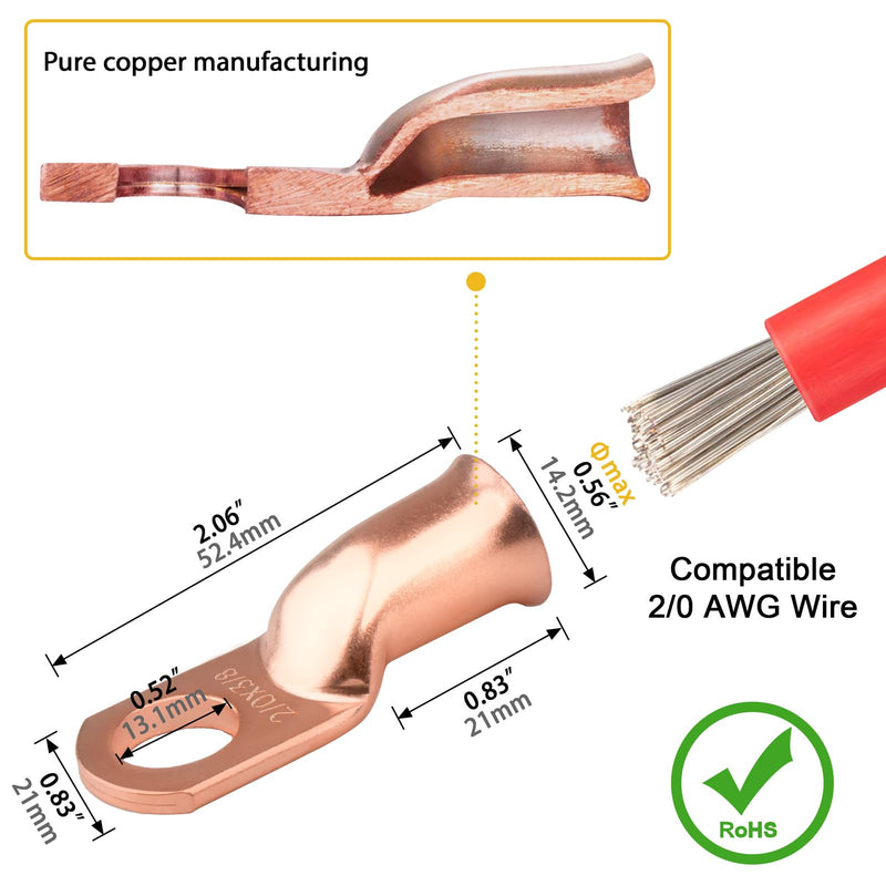 Sanuke 20pcs 2/0 AWG-3/8 Wire Connectors, Battery Copper Lugs Terminals | Heavy Duty Wiring Connectors for 00 Gauge Wires, 20pcs 3:1 Dual Wall Adhesive Heat Shrink Tubes(UL), Electrical Crimp Ends 2/0 Awg - 3/8" (M10) Bare Copper 20