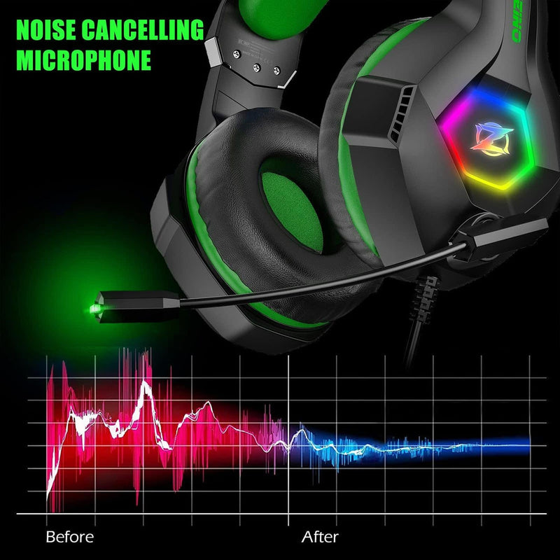 Gaming Headset for PC, PS4, PS5, Xbox Headset, Gaming Headphones with Noise Cancelling Flexible Mic RGB Light Memory Earmuffs for Xbox one, Switch, Mac -Green Green Large Wired