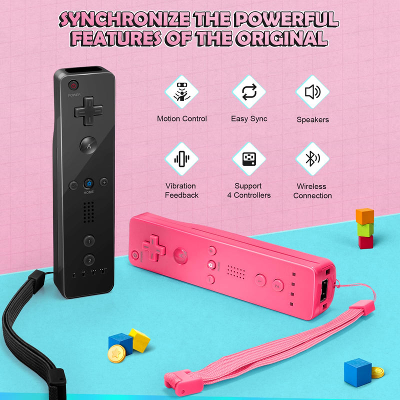 PGYFDAL Wii Controller 2 Pack, Wii Remote Controller and Nunchuck Joystick with Silicone Case and Wrist Strap for Holiday (Black and Pink) Black and Pink