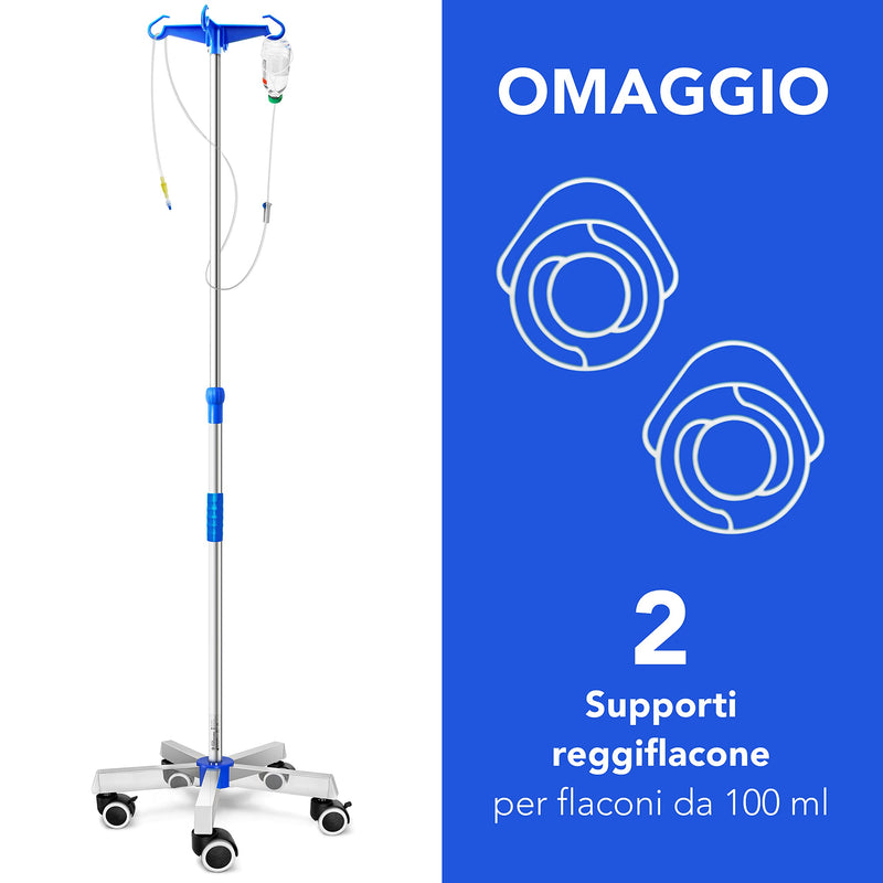 AIESI® IV stand made of STAINLESS STEEL with 4 plastic hooks and rotating wheels with brakes, free 2 bottle holders 100 ml, guarantee 24 months