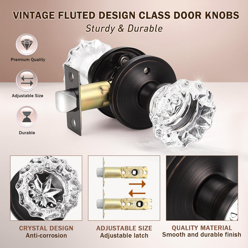KNOBWELL Modern Round Crystal Door Knobs with Lock, Frosted Glass Design, Privacy Function for Bed and Bath, Oil Rubbed Bronze 1 Pack