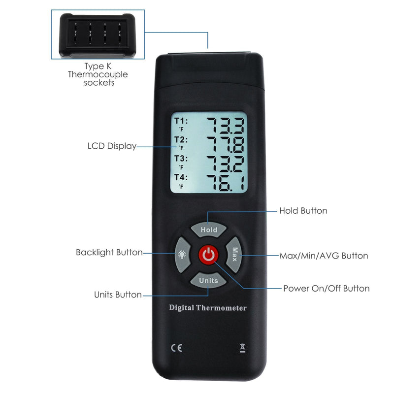 Thermometer 4 Channels K-Type Thermocouple Sensor Tester with K-Type Metal Probe, Backlight and Temperature Instrument