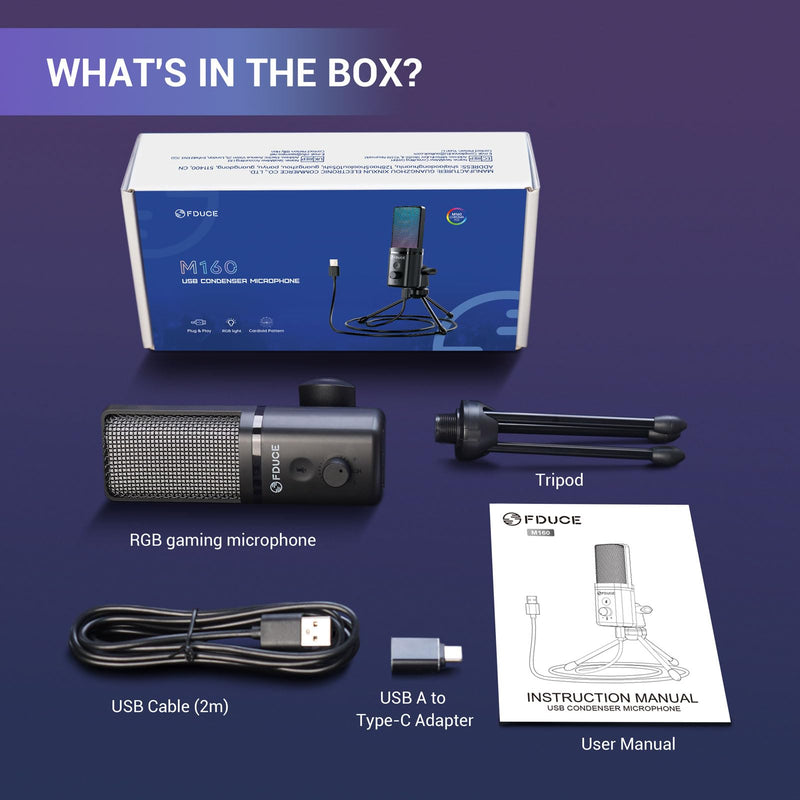 FDUCE M160 Gaming USB Microphone,RGB Condenser Microphone with Tripod,Volume Adjustment and Mute Button Function,Compatible with PC,Laptop,for Gaming,Podcasting,Streaming,YouTube RGB