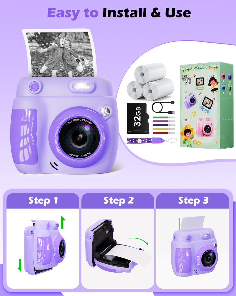 Kids Camera Instant Print, Christmas Birthday Gifts Toys for 3-10 Year Old Boys Girls, 1080P Video 20MP Toddler Digital Camera with 3 Rolls Paper & 32GB Card - Purple