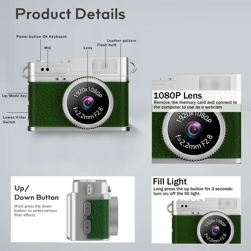 KOOMTOOM Keychain Camera,1080P Retro Digital Camera with 32GB SD Card,USB Charging Cable 0.96'' Mini Photocamera Photo Video Recorder for Students/Kids,Suprise Box Included(Green) Green