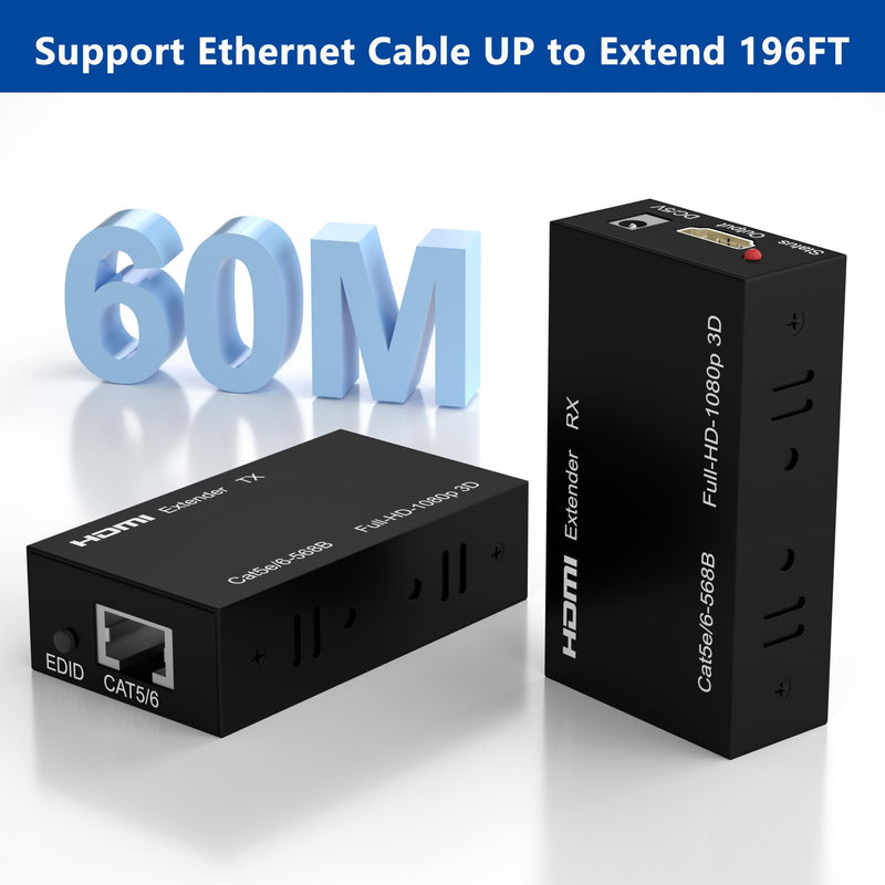 HDMI Extender Over Cat5e/Cat6/Cat7, 60m (196ft) 1080p Full HD Repeater Balun Kit, HDMI Over Ethernet Supports 3D, HDCP, EDID, Plug & Play, Transmitter Receiver for TV, Projector, Gaming, Home Theater 60M 1080P