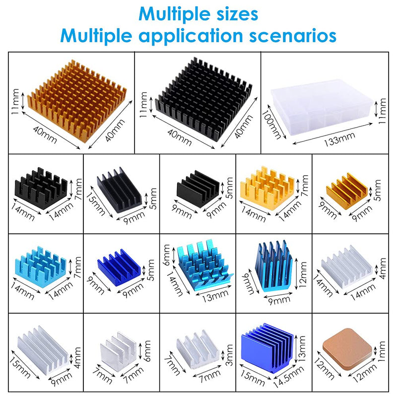 GeeekPi 102 Pieces (12 Different Sizes) Heatsink Kit with Conductive Tape, Aluminum Heatsink Cooler and Copper Heatsink for Raspberry Pi AB B+ 2/3/4