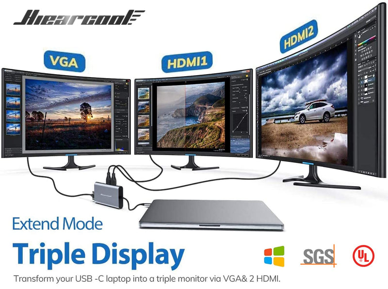 Hiearcool USB C Hub, USB-C Laptop Docking Station, 11IN1 Triple Display Type C Adapter Compatible for Dell Hp Lenovo Windows (2HDMI VGA PD3.0 SD TF Card Reader Gigabit Ethernet 4USB Ports) Space Grey