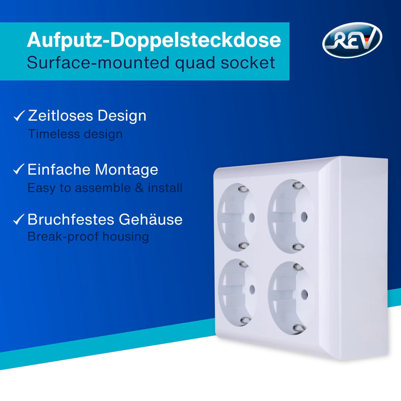 REV 0510172555 PlanoLuxe, surface-mounted socket 4-way Complete set: Frame and insert, white | Multiple socket for surface mounting, ideal for workshop and indoor use 1 x quadruple socket