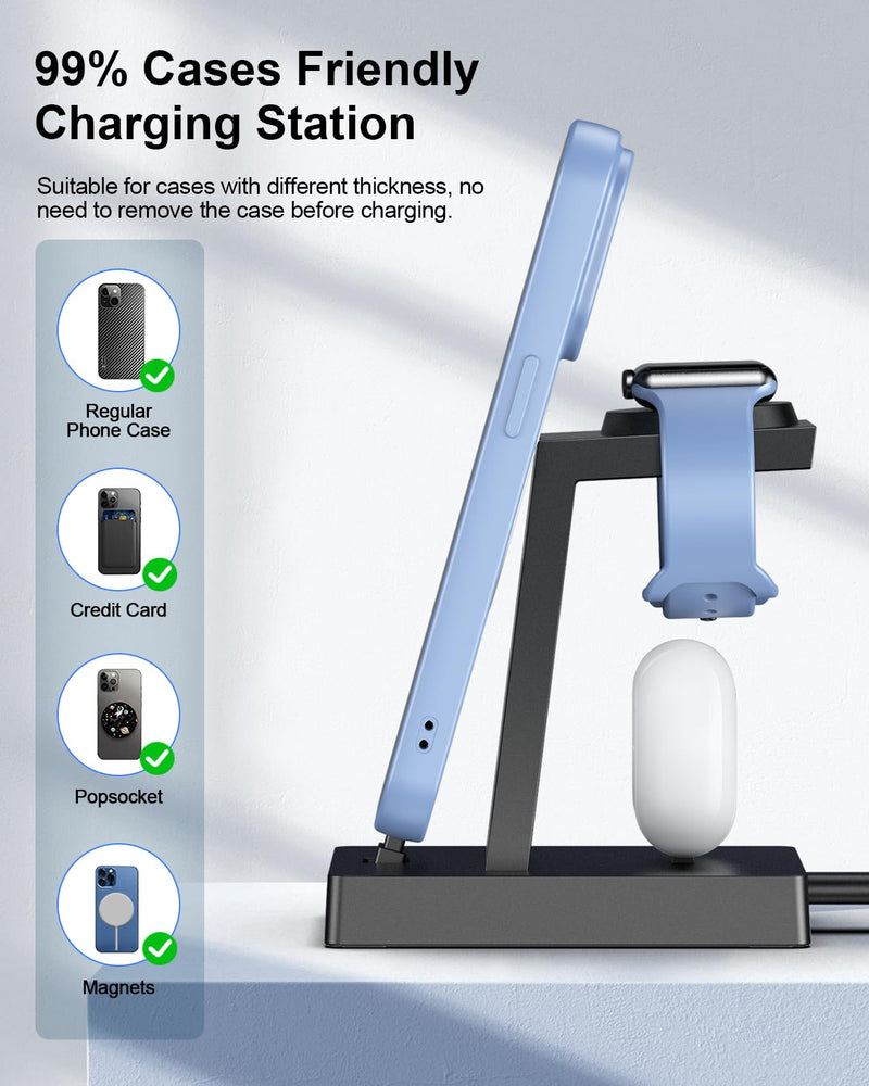 30W Fast 3 in 1 Charging Station for Apple Devices - ADADPU USB C Charger Stand for iPhone 17 16 15 Pro Max Plus & AirPods 4,Wireless Charger Dock Compatible with Apple Watch Ultra/10/9/8/7/6/5/4/3/SE