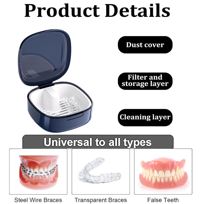 Denture Box with Strainer, Portable Denture Box Cover for Dentures and Braces with Removable Soaking Basket | Rinses and dries dentures without hand contact. Lightweight for handbag or toiletry bag. Protects braces from dust...