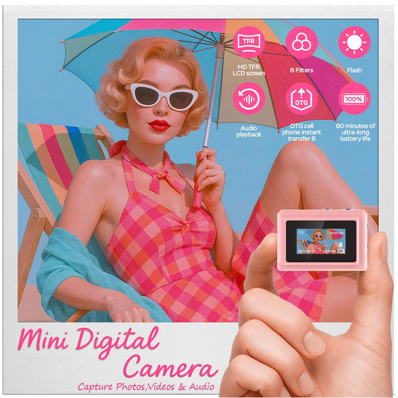 Mini Camera 1080P HD Video Recorder - Keychain Digital Camcorder with 64GB Card, 0.96" HD Display, Long Battery Life, Ultra-Portable Tiny Camera for Travel/Vlog/Night Shots (Pink) Pink