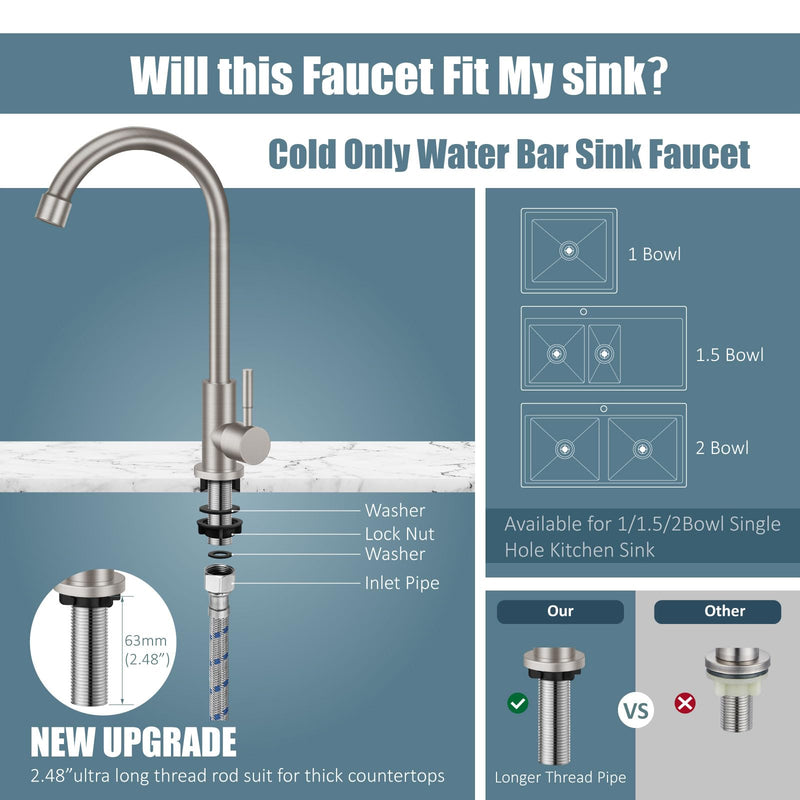 Aolemi Cold Water Only Kitchen Faucet Brushed Nickel Sink Faucet 304 Stainless Steel Faucet High Arc Single Handle