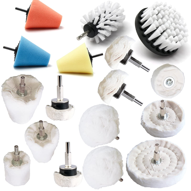 Polishing Pad Buffing Wheel Kit 17 Pack, for Drill for Metal Aluminum Stainless Steel Chrome Wood Plastic Ceramic Glass Woods Fabric Cotton Machine Jewelry etc 17 PCS