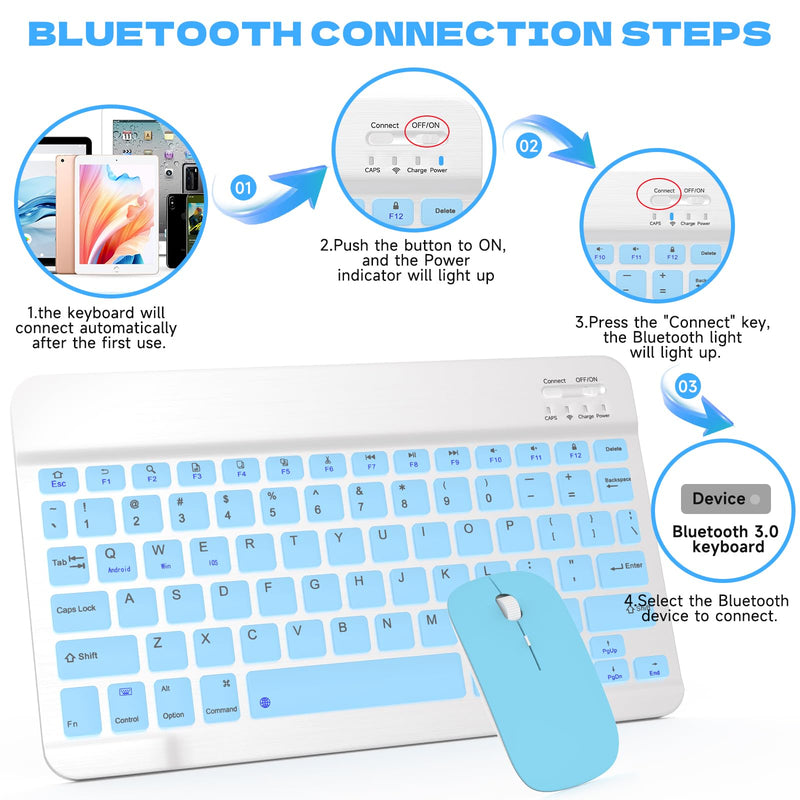 Bluetooth Keyboard and Mouse Combo, QWERT Layout Universal Ultra-Slim Wireless Keyboard Mouse Set for Android Windows iPad iPhone Samsung Tablet Portable Compact Keyboard Set, Light Blue