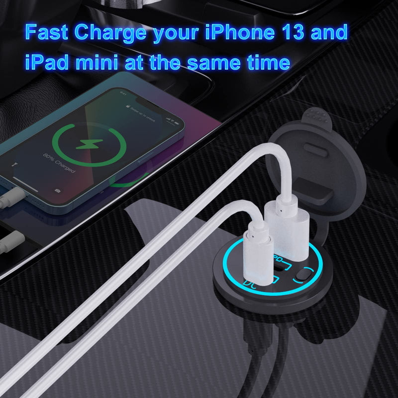 2 PACK 12V USB Outlet Wired USB Charger Multi Port, Dual PD3.0 USB-C and Quick Charge 3.0 Car USB Port Socket with Power Switch, Fast Charger for Cell Phone Tablet, Suitable for Car Boat RV Marine ATV