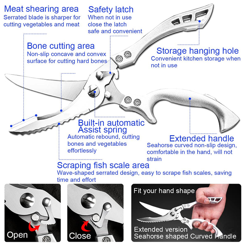ANDONG Upgrade Heavy Duty Stainless Steel Kitchen Scissors - Professional Poultry Shears for Bone, Meat, Chicken, Fish, Turkey, Vegetables,Spring Loaded Multipurpose Ultra Sharp Utility Scissors Silver + Brown
