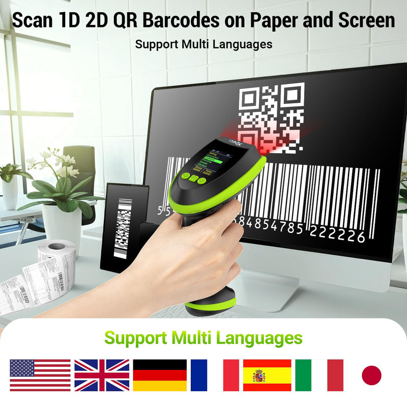 Tera Barcode Scanner Wireless 2D QR with Stand: Digital Setting Screen Keypad Pro Version Extra Fast Scanning Speed Works with Bluetooth 2.4G Wireless USB Wired Bar Code Reader HW0009-Z Green Green with Stand