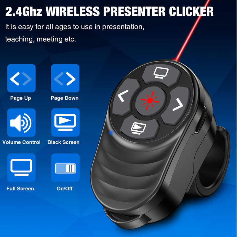 Wireless Presentation Clicker Rechargeable, Finger Ring Powerpoint Clicker with Red Laser Pointer, Presenter Remote PPT Clicker for Powerpoint Presentations for Mac Computer Laptop X250