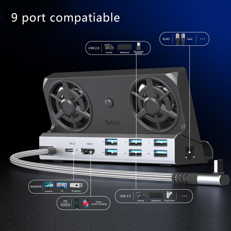 Dual Cooling Fans 12 in 1 Steam Deck Docking Station with 4K@60Hz 2.0,6 USB Ports,1000Mbps,USB-C 100W PD,40Gbps Adapter for Steam Deck/Rog Ally/Switch/Legion Go