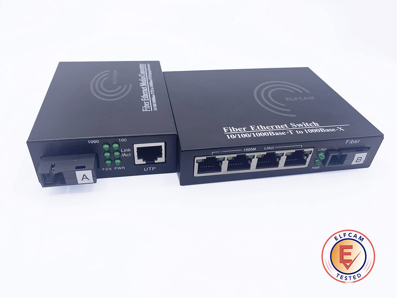 Elfcam 2 Pieces Converter Fibre ethernet, Media Converter up to a Distance of 20 km to Optical SC Mono Mode, with Adapter 10/100/1000 Mbps (1 RJ45 Port *4 RJ45 Port) 1 RJ45 Port *4 RJ45 Port