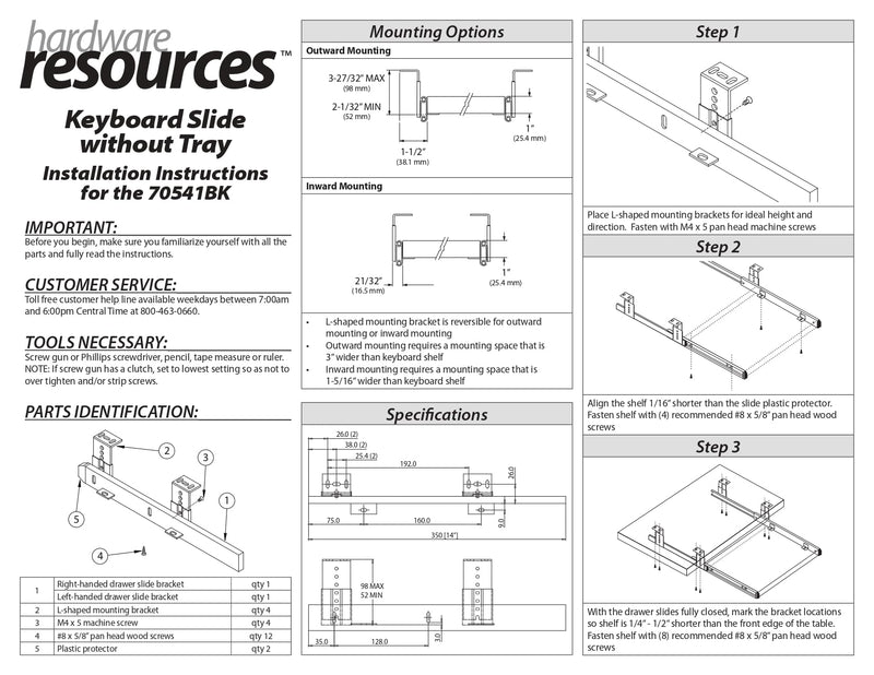 Hardware Resources 14" Keyboard Slide Without Tray, Black