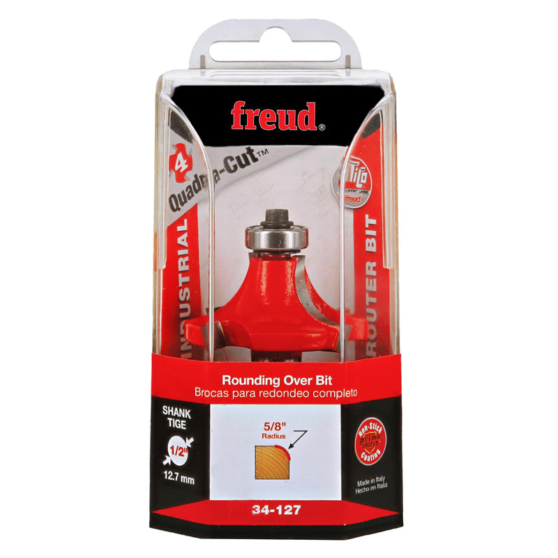 Freud Quadra-Cut Radius Rounding Over Bit with Perma-Shield Coating for Flawless Finish - 4 Cutters, 1/2" Shank Dia., 5/8" Radius, 2-7/8" Length - 34-127