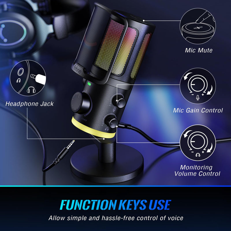 FIFINE Gaming PC Microphone, USB Streaming Microphone with Game Chat Balance, Computer Condenser Desktop RGB Mic with Mute Button, Noise Cancellation for Podcast/Twitch/Discord-AMPLIGAME AM6