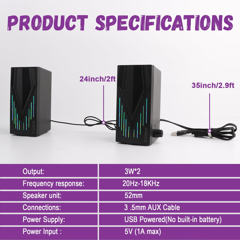 Computer Speakers, Speakers for Computer Desktop PC with Colorful RGB Lighting, USB Powered Gaming Speakers with 3.5mm Aux Cable for Monitor Laptop Tablet