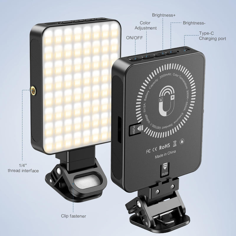 Selfie Light with Clip, 128 LED Magnetic Video, 2000 Mah Rechargeable Clip Video, Adjusted 3 Light Modes, Portable Camera with Cold Shoe Mount for Laptop, Makeup, Selfie, Vlog