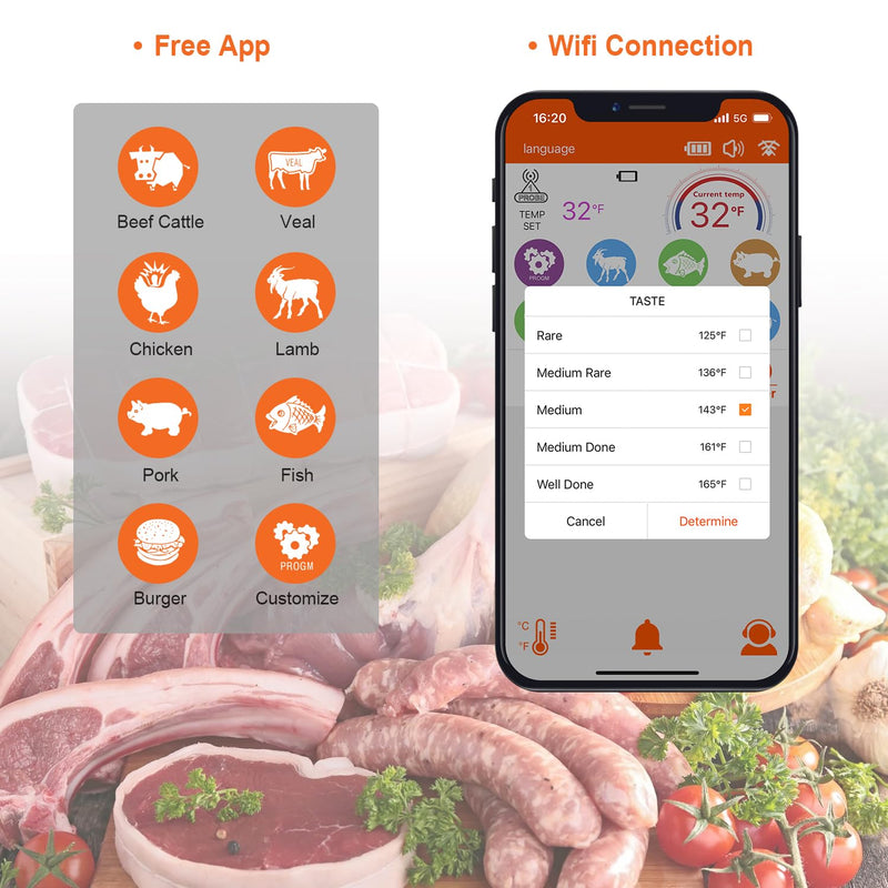 Wireless Meat Thermometer – Digital Cooking Thermometer with Wireless Probe – 500Ft Remote Range Food Thermometer – with iOS & Android Read App -Preprogrammed Temperatures for BBQ, Oven, Grill tangerine