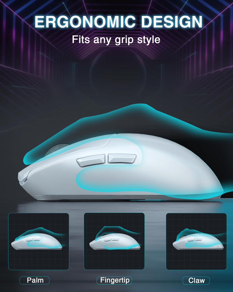 AULA SC580 Wireless Gaming Mouse, Tri-Mode 2.4G/BT5.0/USB-C Gaming Mouse, 10000 DPI Rechargeable Wireless Mouse with 6 Programmable Buttons, Ergonomic Computer Mouse for Laptop/PC/Mac/Tablet White