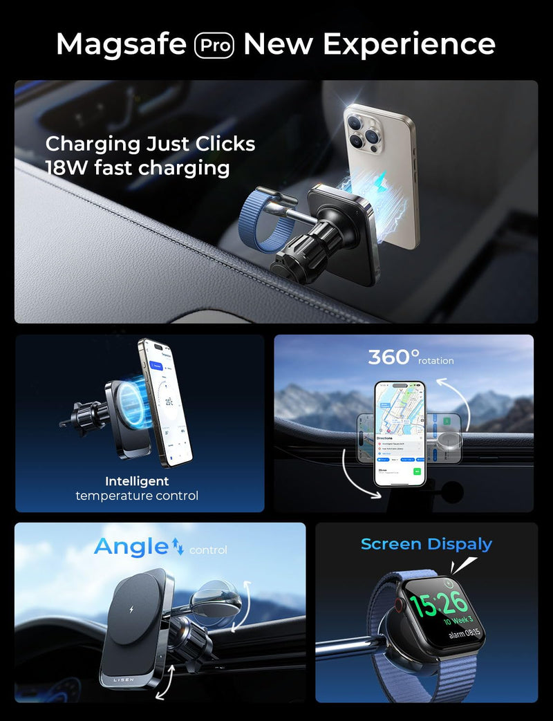 LISEN Primes for Day Delas 2 in 1 for 18W MagSafe Car Mount Charger, Wireless Vent Charger Magnetic Phone Holder Mount for iPhone Car Accessories for iPhone 16 15 14 13 12 Pro Max Plus and Apple Watch