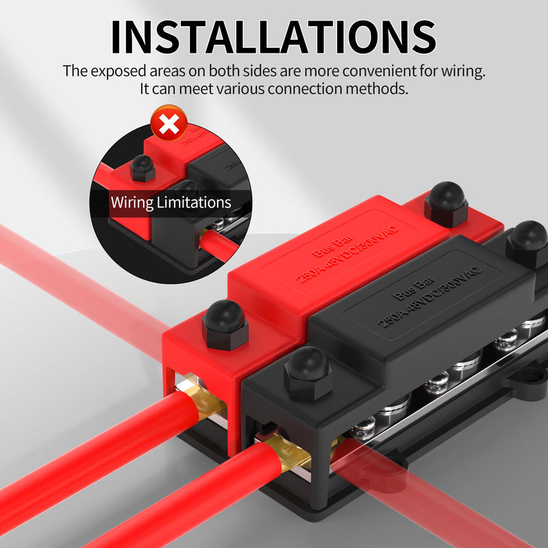 DualBus 250A Power Distribution Block 12V Dual Row Bus Bar 8 x 3/8" Terminal Studs, 6 x #8 Terminal Screws Positive and Negative Battery Bus Bar 250A Dual Bus 8 x 3/8" Studs, 6 x #8 Screws