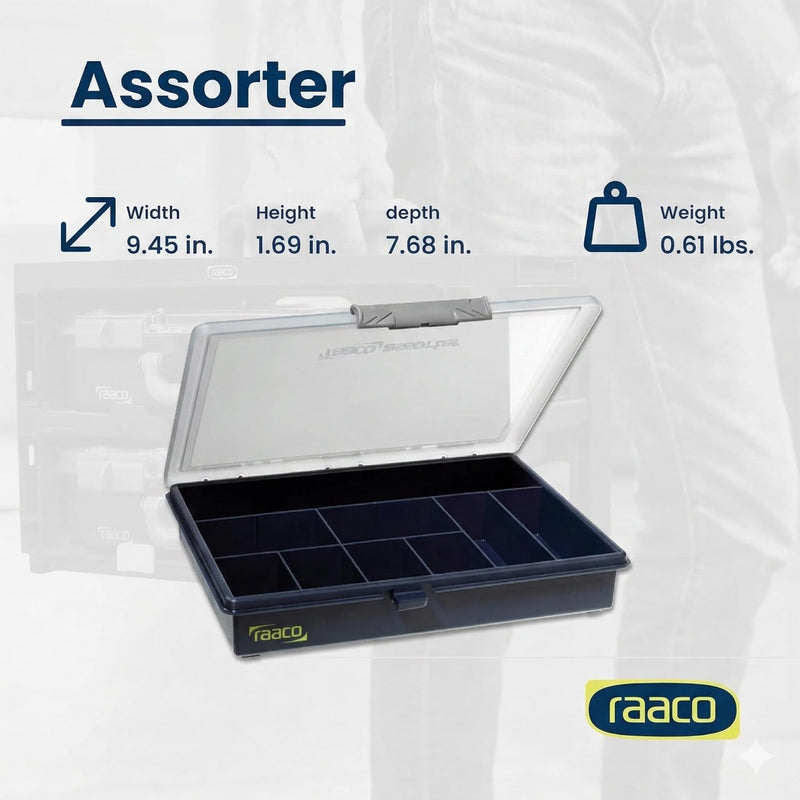Raaco Assorter Tool Box Organizer – Medium – 9 Slots Fixed Grid with Semi-Transparent Lid, Polypropylene (PP) Storage Box for Screws, Nuts and Bolts, Small Parts & Hardware (Assorter 5-9) Medium –9 Slots