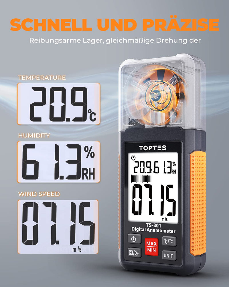 TopTes TS-301 Digital Wind Gauge with 2.26 Inch LCD Screen Anemometer Handheld Backlight Wind Speed Meter Gauge, Precise Measurement of Wind Speed for HVAC Sailing/Surfing/Drone orange
