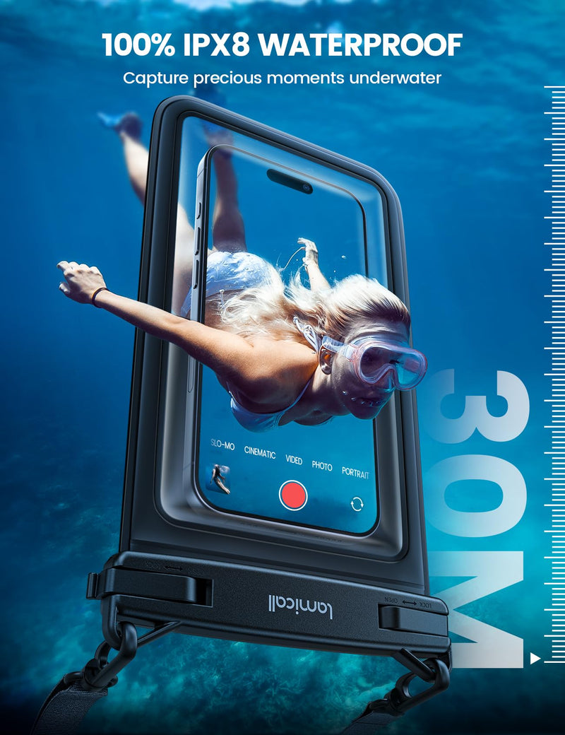 Lamcall Double Bag Waterproof Phone Pouch - IPX8 Waterproof Phone Case with Lanyard, Cell Phone Dry Bag Beach Essentials for iPhone 15/ Pro/Pro Max/Plus/14/13, Galaxy 24/23/22, 4-7.5" with Case Black